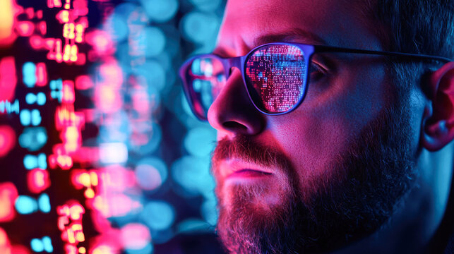 Caucasian male adult analyzing data reflections in glasses with neon lights
