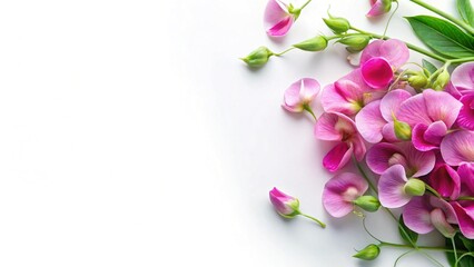 Fototapeta premium Luxurious Sweet Pea Flat Lay: Minimalist Floral Design with Copy Space