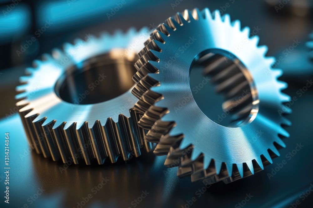 Poster close-up of two precisely engineered metal gears interlocked, showcasing intricate details and mecha