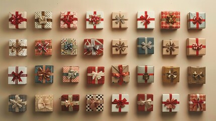 Obraz premium A flat lay of wrapped gifts with a variety of patterns and colors against a light beige background.