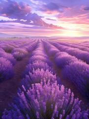 Fototapeta premium Rows of purple flowers in a field under a sunset sky