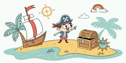 Naklejka premium Cute Pirate Adventure Vector Set – Kids Treasure Island, Ship, Captain, Sailors & Fun Icons
