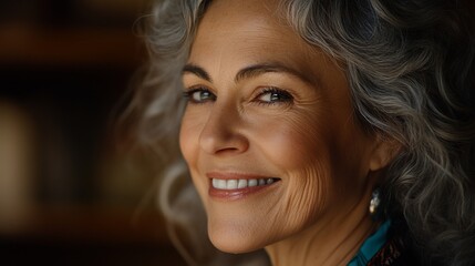 Smiling Mature Woman Portrait Gray Hair Closeup Happy Confident