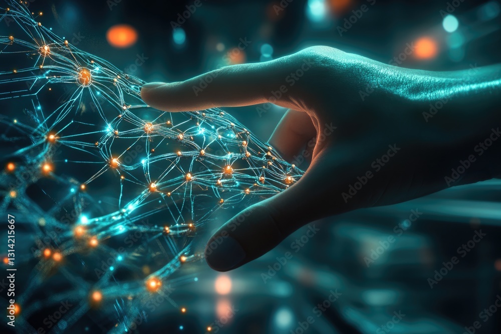 Poster a hand gently interacts with a glowing neural network, symbolizing human connection with technology 