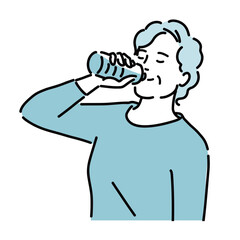 熱中症対策でペットボトルに入った水を飲む健康的な白髪のシニア女性のイラスト