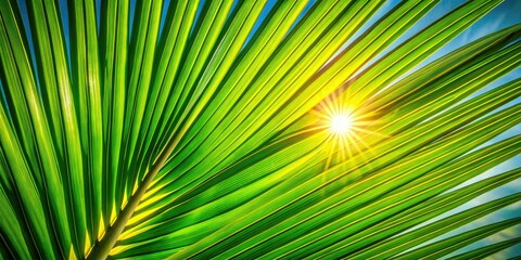 Obraz premium Sunlit palm leaf silhouettes paint a vibrant sunset backdrop, creating a tropical paradise scene.