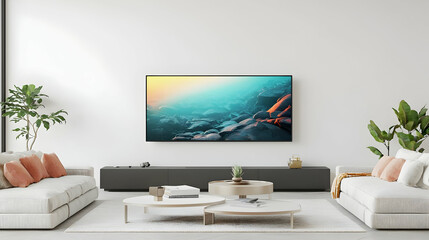 Modern Minimalist Living Room Interior With White Sofas Peach Cushions And Large Abstract Landscape Painting Displayed On Television