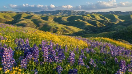 Fototapeta premium A countryside landscape with rolling green hills and spring flowers in bloom.