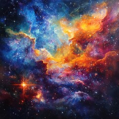 Naklejka premium A stunning close-up of a vibrant galaxy, showcasing swirling clouds of vivid colors like blues, purples, and pinks, dotted with countless twinkling stars and a prominent, radiant star at its center.