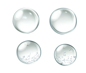 Three transparent water droplets isolated on a white background, top view. Vector illustration of cosmetic product design elements