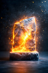 Glowing stone slab. Orange light emanates from within its cracked surface. Dark background with sparkle