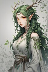 A mystical forest spirit with green hair, adorned with branches and leaves, embodying the essence of nature and the earth.