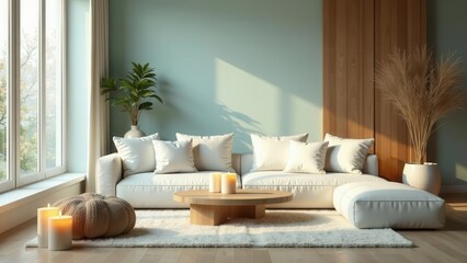 Serene Living Room with Soft Lighting and Neutral Tones A Modern Interior Design Concept Featuring a Plush Sectional Sofa, Wooden Coffee Table, and Cozy Decor