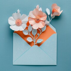 Paper Flowers Inside Envelope on Blue Background in Artistic Style