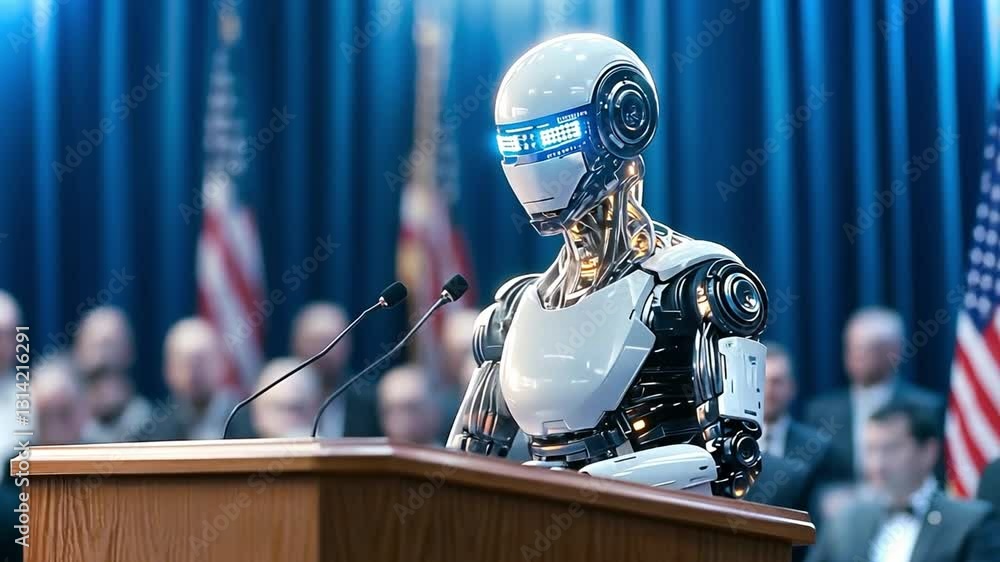 Aufkleber robotic speaker presents at formal event with audience in background