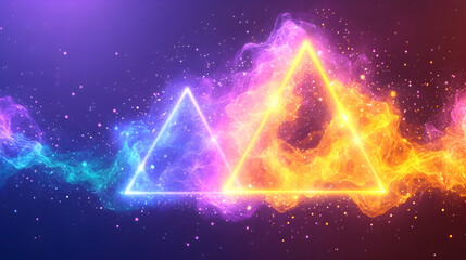 Glowing triangles amidst colorful nebula and sparkles on a dark background, with hues of purple, blue, and orange