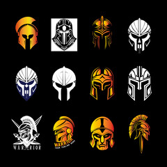 Set of Spartan, Roman, and Medieval Warrior Helmet Logos, Ancient Greek Gladiator and Knight Head Designs, Tactical Military Armor Icons in Gold, White, and Black