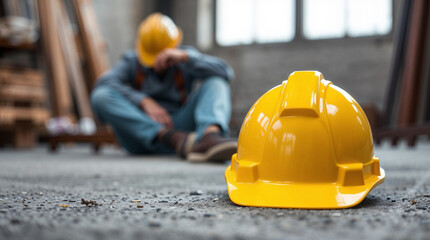 yellow protective helmet lying on the ground with blurry background worker sitting to rest because of fatigue
