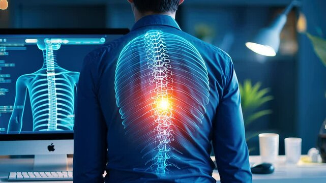 Medical illustration showing spinal strain from hunching over computer, revealing postural stress affecting musculoskeletal wellness and ergonomic challenges video 4k