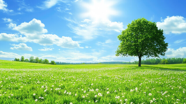 Sunny meadow with blooming wildflowers and lone tree under clear blue sky