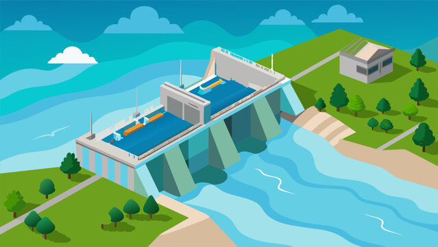 An aerial view of a tidal barrage a manmade structure built across a bay or estuary equipped with turbines to harness the constant flow of tidal. Vector illustration