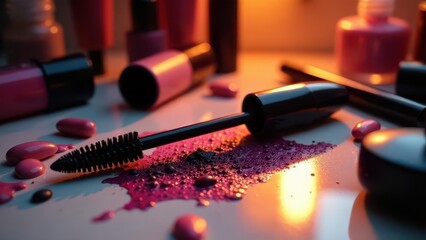 Dramatic Close-up of Cosmetics Spilled on a Reflective Surface, Illuminated by Warm Light