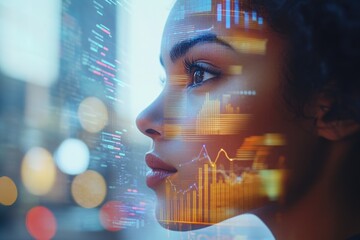 A woman's face superimposed with data streams and graphs, symbolizing the intersection of technology and human experience.