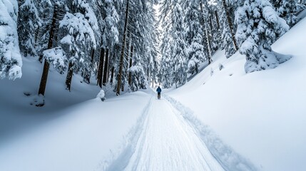 Obraz premium Snowy Forest Path Winter Wonderland Nature Scene