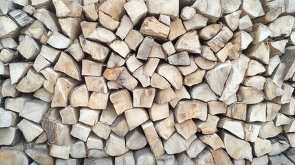 Fototapeta premium Stacked firewood logs background: natural wooden textures for rustic design