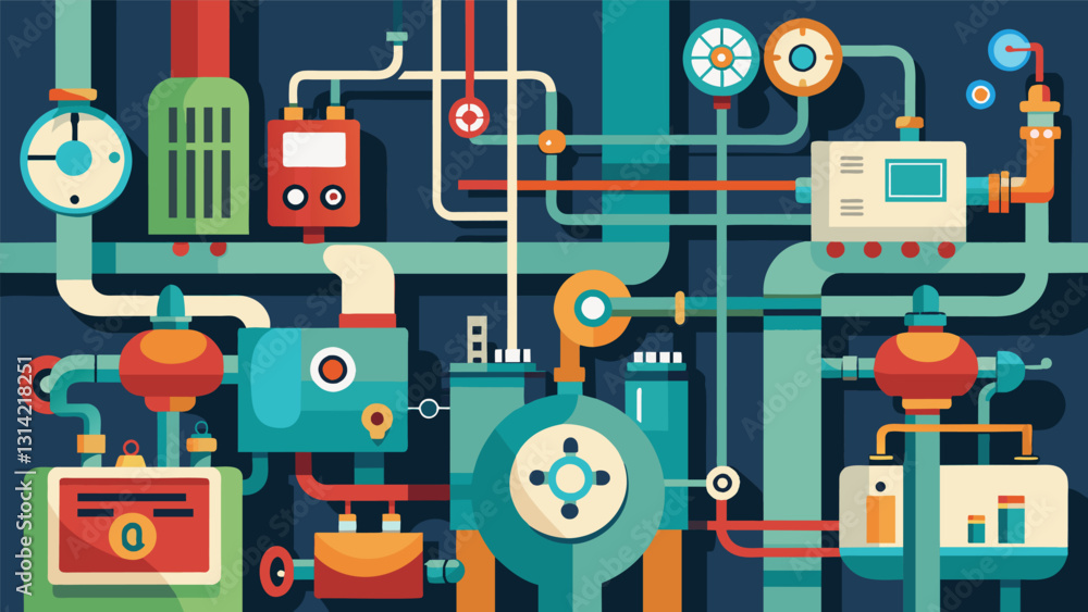 Poster the intricate network of pipes valves and control panels within a pumping station operating round th