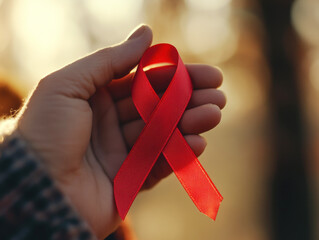 Hand holding red awareness ribbon during sunset in nature