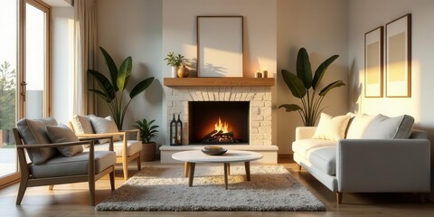 Warm and inviting living room interior with a cozy fireplace, featuring modern furniture and lush greenery.