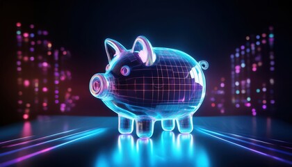 a futuristic glowing piggy bank representing savings, finance, and digital economy on a dark background with neon light effects.