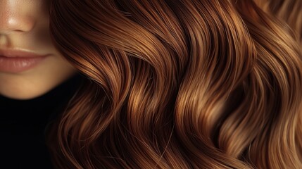 Glossy wavy hair in warm shades showcases beauty in a close-up view during soft lighting