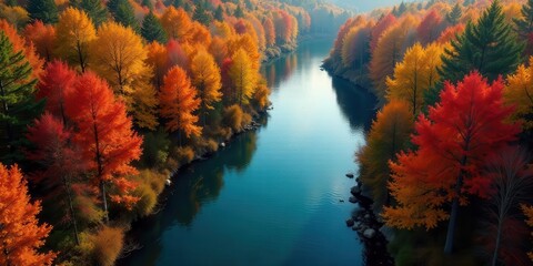 Autumnal River Scene Vibrant foliage lines a tranquil waterway, showcasing nature's breathtaking seasonal transformation.