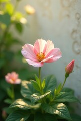 Naklejka premium A Delicate Pink Blossom in Soft Sunlight, Gracefully Emerging from Lush Green Foliage, Near a Textured Wall