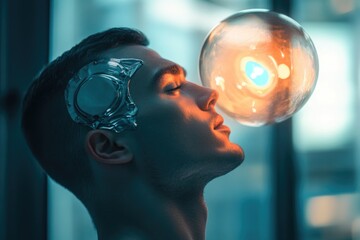 A futuristic image of a man with a transparent implant on his head, illuminated by an orb of light.