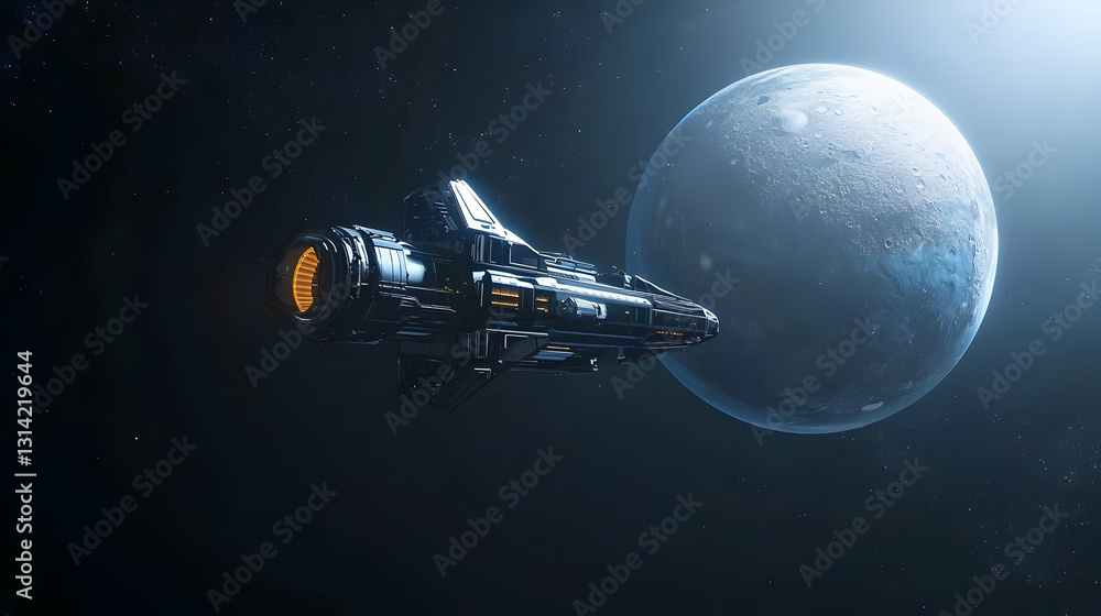 Poster pixel art spaceship soaring through dark space near a bright gray moon with glowing engine and detai