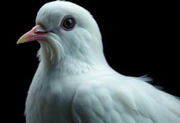 Close-up of a pristine white dove in complete darkness, feathers softly illuminated, darkness, bird