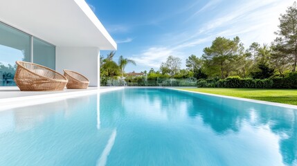 This stunning image showcases a contemporary villa and its serene swimming pool surrounded by lush greenery, ideal for relaxation and luxury living in harmony with nature.