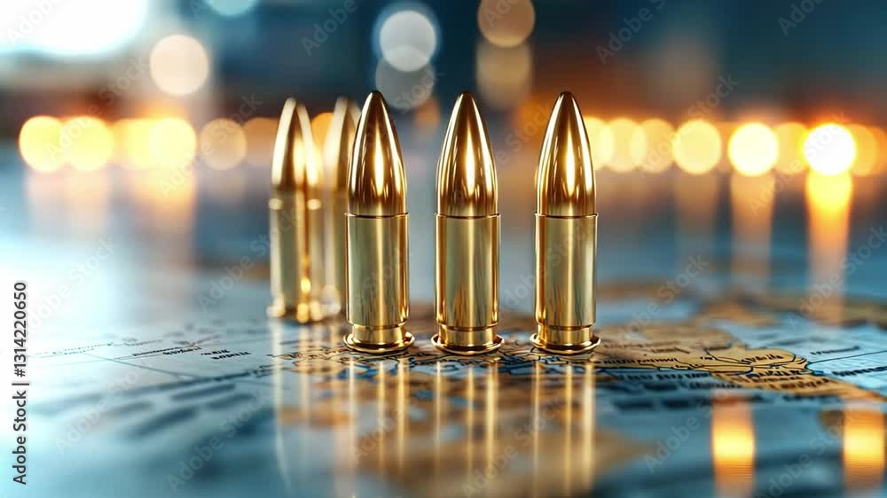 Poster Golden bullets lined up with reflections on a surface in a 4k animated setting