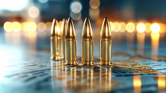 Golden bullets lined up with reflections on a surface in a 4k animated setting