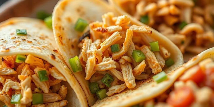 Close-up of savory msemens filled with shredded chicken, msemen chicken, Moroccan food