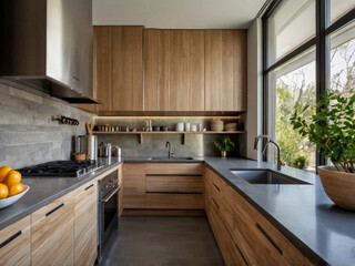 Fototapeta premium : Minimalist Modern Kitchen Interior with Warm Lighting and Sleek Design