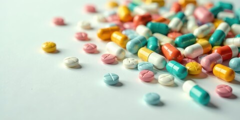 A colorful assortment of pills and capsules scattered on a light surface, representing various medications and treatments