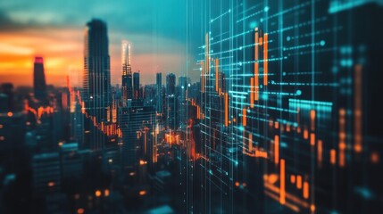 Fototapeta premium Cityscape at Sunset with Stock Market Overlay