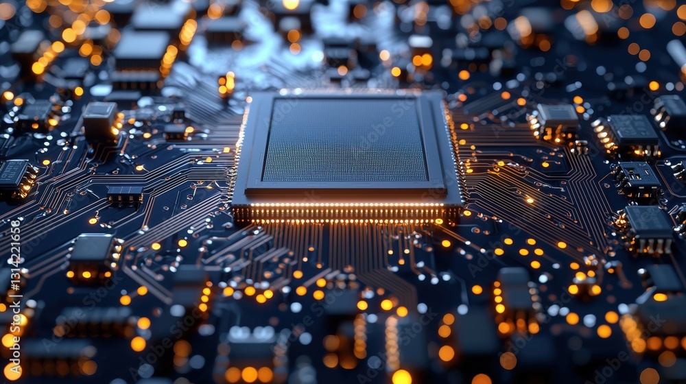Aufkleber close-up view of a modern microchip with glowing circuits and intricate details showcasing advanced 