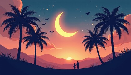 Eid ul Vida vector illustration of a crescent moon and palms.