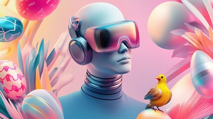 Android robot holding bird, Easter eggs, holiday decorations background. Spring wallpaper, funny poster, banner, greeting card