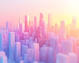 Fototapeta premium Dreamy pastel cityscape at sunrise. Soft colors and stylized buildings create a peaceful, futuristic urban scene. Ideal for backgrounds or design projects.